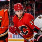 Leo Carlsson, Simon Nemec and Claude Giroux featured in a three-way NHL news image covering the Ducks, Flames and Senators.