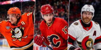 Leo Carlsson, Simon Nemec and Claude Giroux featured in a three-way NHL news image covering the Ducks, Flames and Senators.