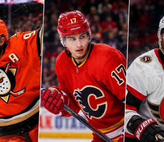 Leo Carlsson, Simon Nemec and Claude Giroux featured in a three-way NHL news image covering the Ducks, Flames and Senators.