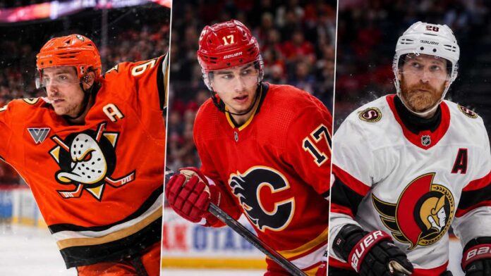 nhl-news-rumors-july-7-2026 Leo Carlsson, Simon Nemec and Claude Giroux featured in a three-way NHL news image covering the Ducks, Flames and Senators.