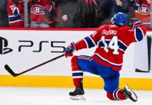 Nick Suzuki celebrates for the Montreal Canadiens with PS5 board ad in 2026-27 fantasy hockey point projections preview