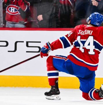 Nick Suzuki Point Projections 2026-27: Montreal Canadiens Fantasy Hockey Outlook Nick Suzuki celebrates for the Montreal Canadiens with PS5 board ad in 2026-27 fantasy hockey point projections preview