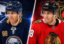 Patrick Kane split image wearing Buffalo Sabres and Chicago Blackhawks jerseys amid NHL free agency rumors