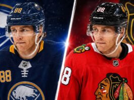 Patrick Kane’s NHL Future Reportedly Comes Down to the Blackhawks or Sabres Patrick Kane split image wearing Buffalo Sabres and Chicago Blackhawks jerseys amid NHL free agency rumors