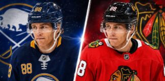 Patrick Kaneโs NHL Future Reportedly Comes Down to the Blackhawks or Sabres Patrick Kane split image wearing Buffalo Sabres and Chicago Blackhawks jerseys amid NHL free agency rumors