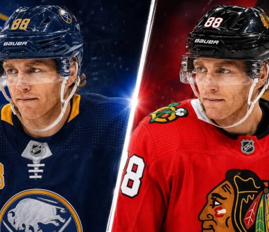 Patrick Kane’s NHL Future Reportedly Comes Down to the Blackhawks or Sabres Patrick Kane split image wearing Buffalo Sabres and Chicago Blackhawks jerseys amid NHL free agency rumors