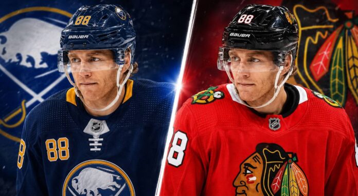 patrick-kane-blackhawks-sabres-free-agency Patrick Kane split image wearing Buffalo Sabres and Chicago Blackhawks jerseys amid NHL free agency rumors