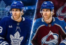 Patrick Kane Linked to Toronto Maple Leafs and Colorado Avalanche Patrick Kane pictured in Toronto Maple Leafs and Colorado Avalanche home jerseys amid NHL free-agent rumors.