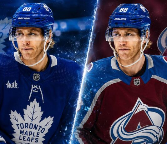 Patrick Kane Linked to Toronto Maple Leafs and Colorado Avalanche Patrick Kane pictured in Toronto Maple Leafs and Colorado Avalanche home jerseys amid NHL free-agent rumors.