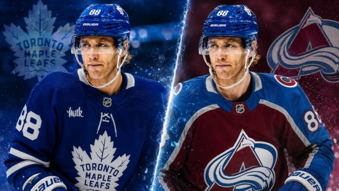 patrick-kane-toronto-maple-leafs-colorado-avalanche-rumors Patrick Kane pictured in Toronto Maple Leafs and Colorado Avalanche home jerseys amid NHL free-agent rumors.