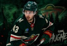 Quinn Hughes skating for the Minnesota Wild in a 2026-27 fantasy hockey projection of 9 goals, 79 assists and 88 points