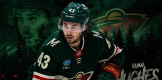Quinn Hughes skating for the Minnesota Wild in a 2026-27 fantasy hockey projection of 9 goals, 79 assists and 88 points