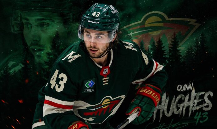 quinn-hughes-minnesota-wild-fantasy-hockey-projection-2026-27 Quinn Hughes skating for the Minnesota Wild in a 2026-27 fantasy hockey projection of 9 goals, 79 assists and 88 points