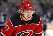 Will the Carolina Hurricanes Offer Sheet Simon Edvinsson? Simon Edvinsson wearing a Carolina Hurricanes home jersey amid NHL offer-sheet rumors involving the Detroit Red Wings