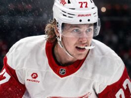 Simon Edvinsson skating for the Detroit Red Wings amid NHL offer sheet and contract rumors