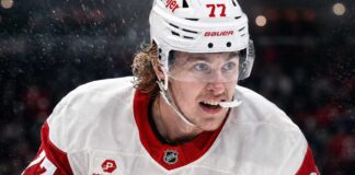 Simon Edvinsson skating for the Detroit Red Wings amid NHL offer sheet and contract rumors