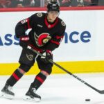 Tim Stützle Point Projections 2026-27: Is a 90-Point Fantasy Breakout Coming? Tim Stützle skating with the puck for the Ottawa Senators during an NHL game ahead of his 2026-27 fantasy hockey point projection.