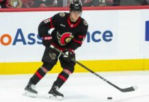 Tim Stützle Point Projections 2026-27: Is a 90-Point Fantasy Breakout Coming? Tim Stützle skating with the puck for the Ottawa Senators during an NHL game ahead of his 2026-27 fantasy hockey point projection.