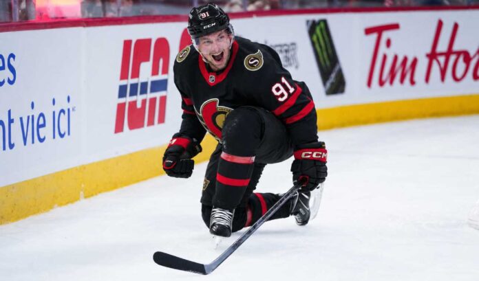 Vladimir Tarasenko pictured in an Ottawa Senators home jersey as NHL free-agent rumors link the veteran winger to a possible return to Ottawa