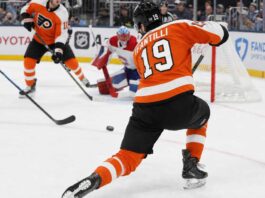 Adam Fantilli in a Philadelphia Flyers home jersey amid NHL offer sheet rumors involving the Columbus Blue Jackets