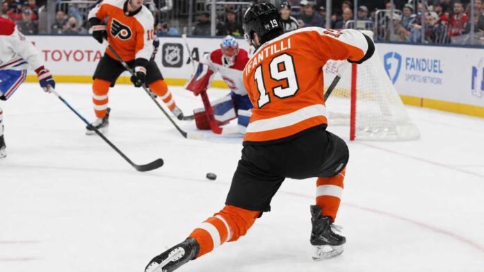 adam-fantilli-flyers-offer-sheet-blue-jackets-rumor-2026 Adam Fantilli in a Philadelphia Flyers home jersey amid NHL offer sheet rumors involving the Columbus Blue Jackets