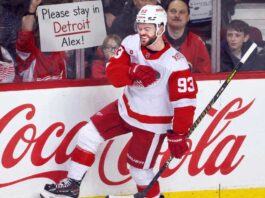 Alex DeBrincat Trade Rumors: Could the Detroit Red Wings Move Another Star? Alex DeBrincat celebrates for the Detroit Red Wings as a fan holds a “Please stay in Detroit Alex!” sign amid NHL trade rumors.