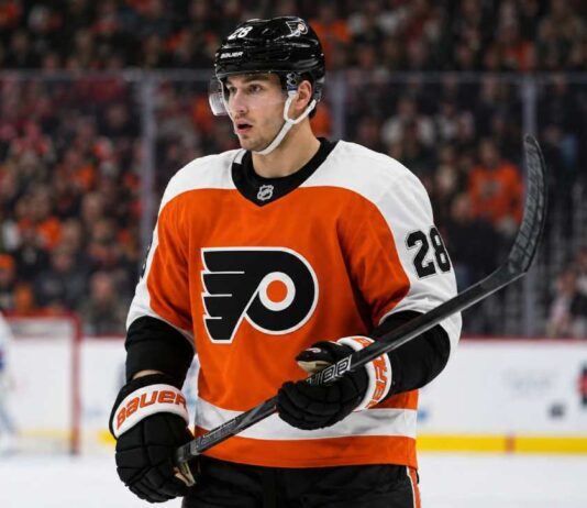 Alexander Romanov in a Philadelphia Flyers home jersey as the New York Islanders defenseman is linked to Philadelphia in NHL trade rumors.