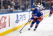 Alexis Lafreniere Point Projections 2026-27: New York Rangers Fantasy Outlook Alexis Lafreniere skating for the New York Rangers beside Coca-Cola and PS5 board ads in a 2026-27 Fantasy Hockey projection