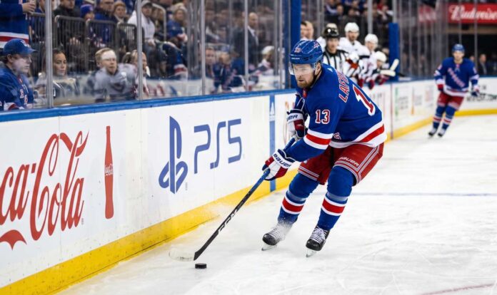 alexis-lafreniere-new-york-rangers-fantasy-hockey-projection-2026-27 Alexis Lafreniere skating for the New York Rangers beside Coca-Cola and PS5 board ads in a 2026-27 Fantasy Hockey projection