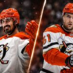 Chris Kreider and Cutter Gauthier in Anaheim Ducks uniforms amid NHL trade rumors surrounding Kreider and Gauthier’s contract situation.