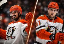 Chris Kreider and Cutter Gauthier in Anaheim Ducks uniforms amid NHL trade rumors surrounding Kreider and Gauthier’s contract situation.
