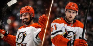 Chris Kreider and Cutter Gauthier in Anaheim Ducks uniforms amid NHL trade rumors surrounding Kreider and Gauthier’s contract situation.