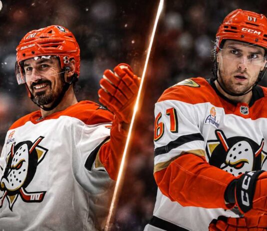 Chris Kreider and Cutter Gauthier in Anaheim Ducks uniforms amid NHL trade rumors surrounding Kreider and Gauthier’s contract situation.