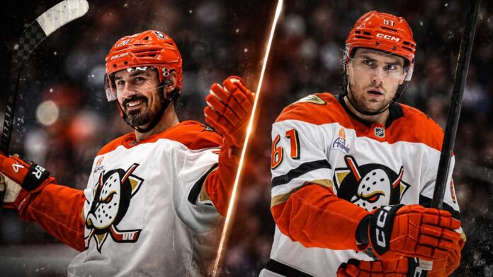 Chris Kreider and Cutter Gauthier in Anaheim Ducks uniforms amid NHL trade rumors surrounding Kreider and Gauthier’s contract situation.
