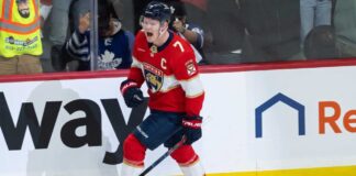 Brady Tkachuk celebrates in a Florida Panthers uniform ahead of his 2026-27 fantasy hockey projection.