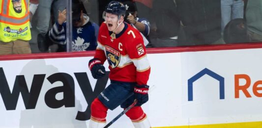 Brady Tkachuk Fantasy Hockey Projection With Florida Panthers for 2026-27 Brady Tkachuk celebrates in a Florida Panthers uniform ahead of his 2026-27 fantasy hockey projection.