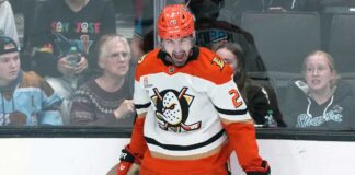 Chris Kreider celebrates in an Anaheim Ducks uniform as NHL trade rumors surround his future with the team.
