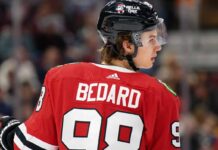 Connor Bedard Point Projections 2026-27: Chicago Blackhawks Fantasy Outlook Connor Bedard skating for the Chicago Blackhawks during a 2026-27 fantasy hockey point projection.