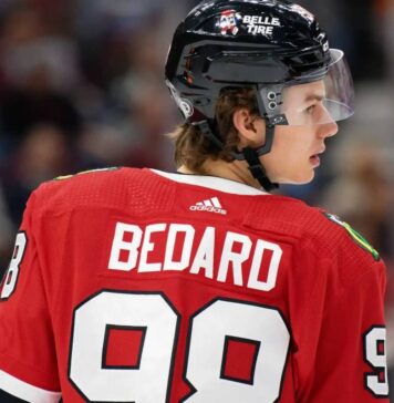 Connor Bedard Point Projections 2026-27: Chicago Blackhawks Fantasy Outlook Connor Bedard skating for the Chicago Blackhawks during a 2026-27 fantasy hockey point projection.