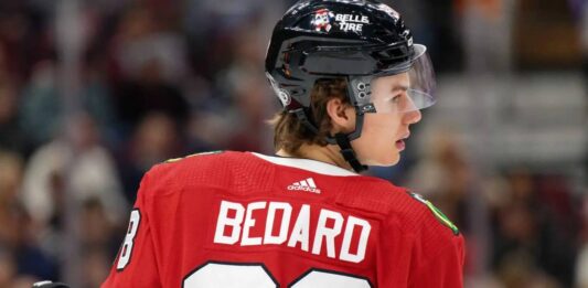 Connor Bedard Point Projections 2026-27: Chicago Blackhawks Fantasy Outlook Connor Bedard skating for the Chicago Blackhawks during a 2026-27 fantasy hockey point projection.