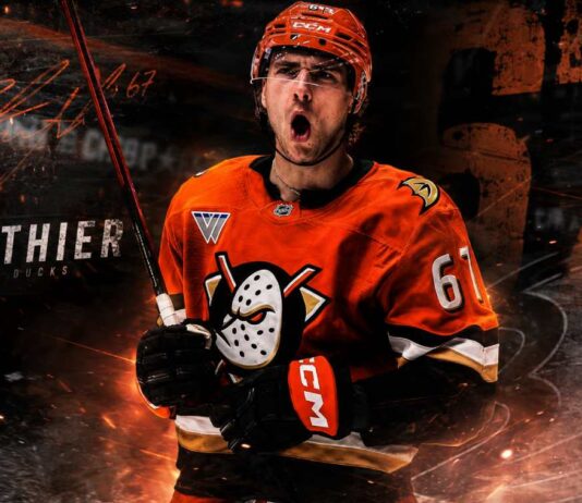 Cutter Gauthier in an Anaheim Ducks jersey as contract rumors link the 41-goal forward to a potential $15 million NHL salary