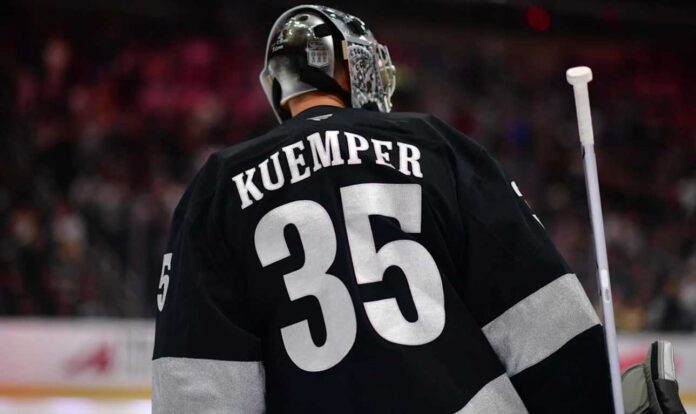Darcy Kuemper in a Los Angeles Kings uniform as NHL trade rumors surround his future ahead of the 2026-27 season