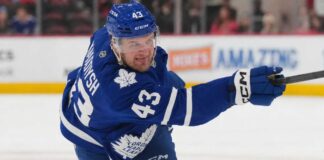 Darren Raddysh in a Toronto Maple Leafs home jersey for his 2026-27 NHL fantasy hockey projection