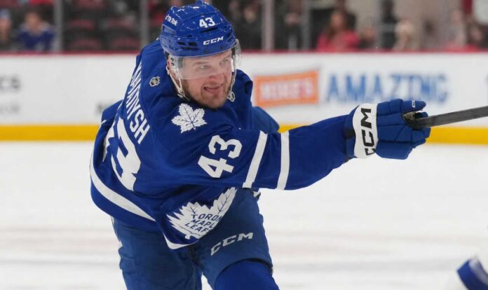 Darren Raddysh in a Toronto Maple Leafs home jersey for his 2026-27 NHL fantasy hockey projection
