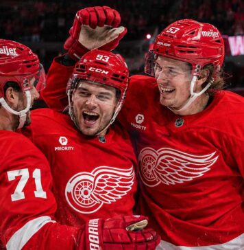 Detroit Red Wings Season Preview 2026-27: Playoff Push or Another Near Miss? Dylan Larkin, Alex DeBrincat and Moritz Seider celebrate a Detroit Red Wings win ahead of the 2026-27 NHL season.