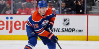 Drake Batherson wearing an Edmonton Oilers home jersey in a concept image amid NHL trade rumors