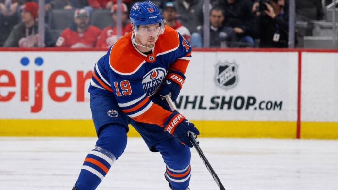 drake-batherson-edmonton-oilers-trade-rumors Drake Batherson wearing an Edmonton Oilers home jersey in a concept image amid NHL trade rumors