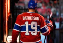Drake Batherson wearing a Montreal Canadiens jersey amid NHL trade rumors involving the Ottawa Senators