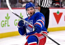 Drake Batherson shown in a New York Rangers home jersey amid Ottawa Senators trade rumors and contract speculation