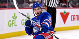 Drake Batherson shown in a New York Rangers home jersey amid Ottawa Senators trade rumors and contract speculation